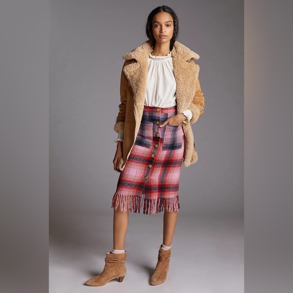 Anthropologie | Maeve Fringed Midi Skirt Plaid Pink Buttondown Christmas New 6 - Picture 3 of 15